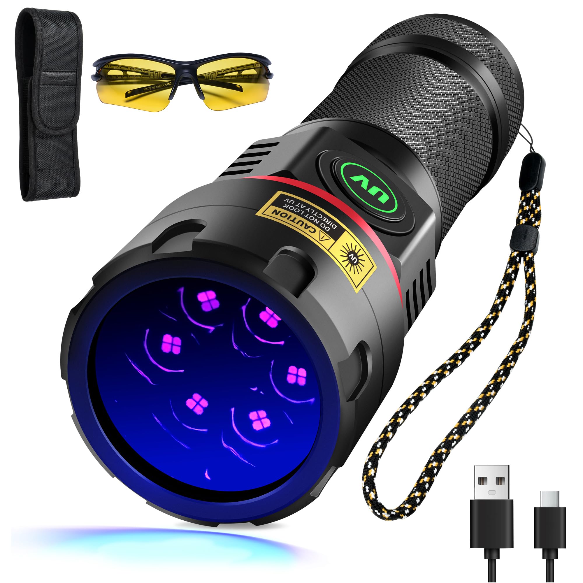 DARKBEAM UV懐中電灯 365nm ブラックライト 6xLED クアッドコアブラックライト、充電式紫外線懐中電灯 USB -C 強力な80W ウッドランプ、岩石、ペットの尿、ウランガラス、樹脂硬化用の検出器