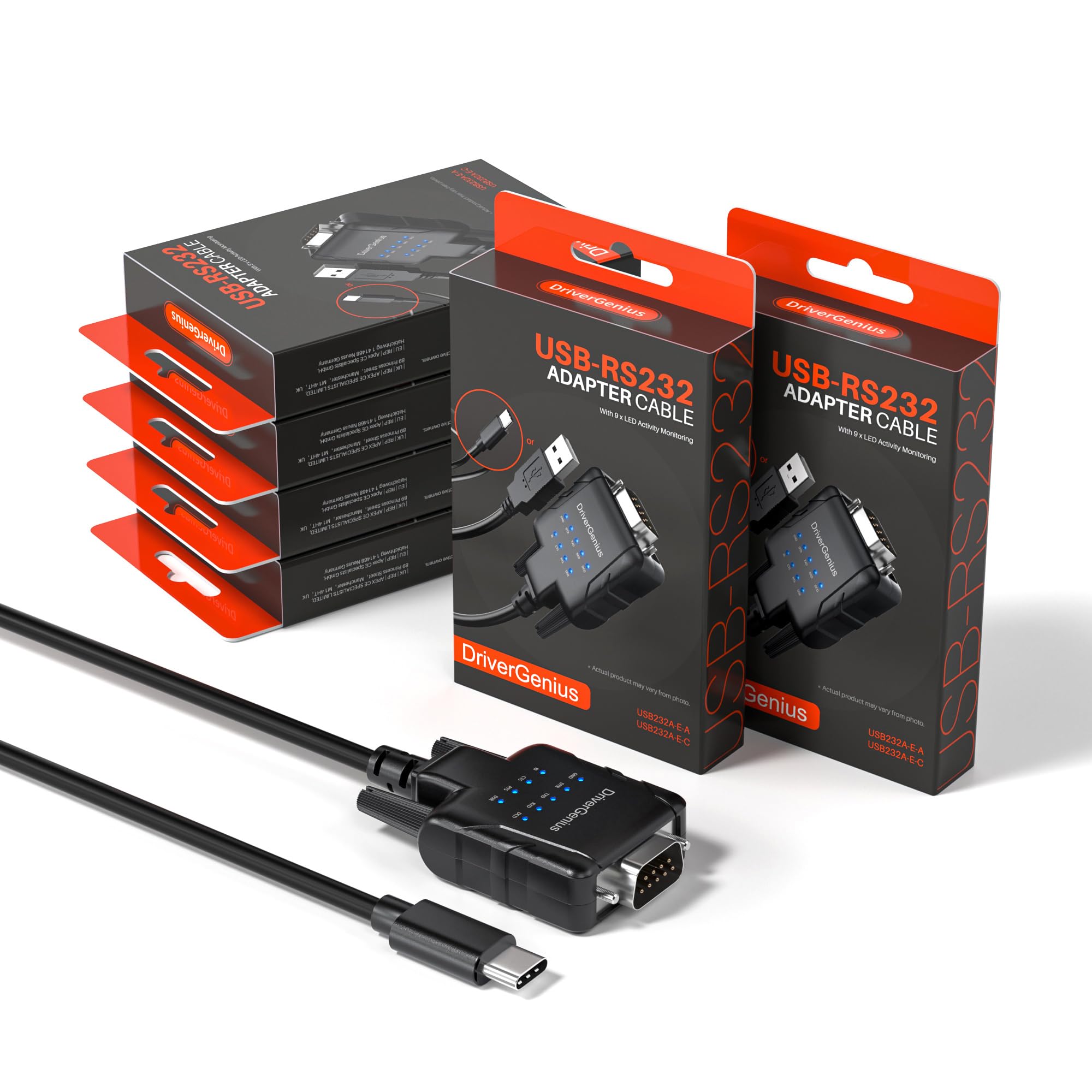 DriverGenius SerialPulseX シリーズ USB-C - RS232 シリアル 変換アダプタ|Serialコンバーターケーブル|9 x データ監視 LED 付き|Windows 11・macOS 15対応|産業用 1ポート|オス-オス|