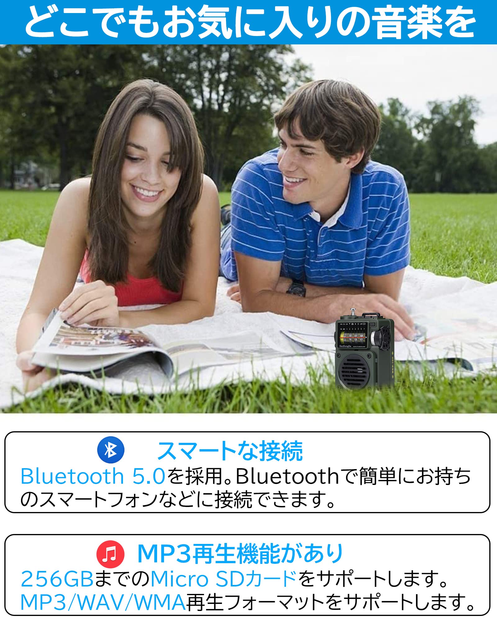 HanRongDa Bluetoothスピーカー 小型BCLラジオ MicroSDカード対応 FM/AM/短波/ワイドFM対応 充電式 MP3レトロプレーヤー タイマー アナログ目盛 日本仕様 アウトドア 防災 旅行に最適 HRD700 konanonline-10393377 湖南オンライン パッケージ画像