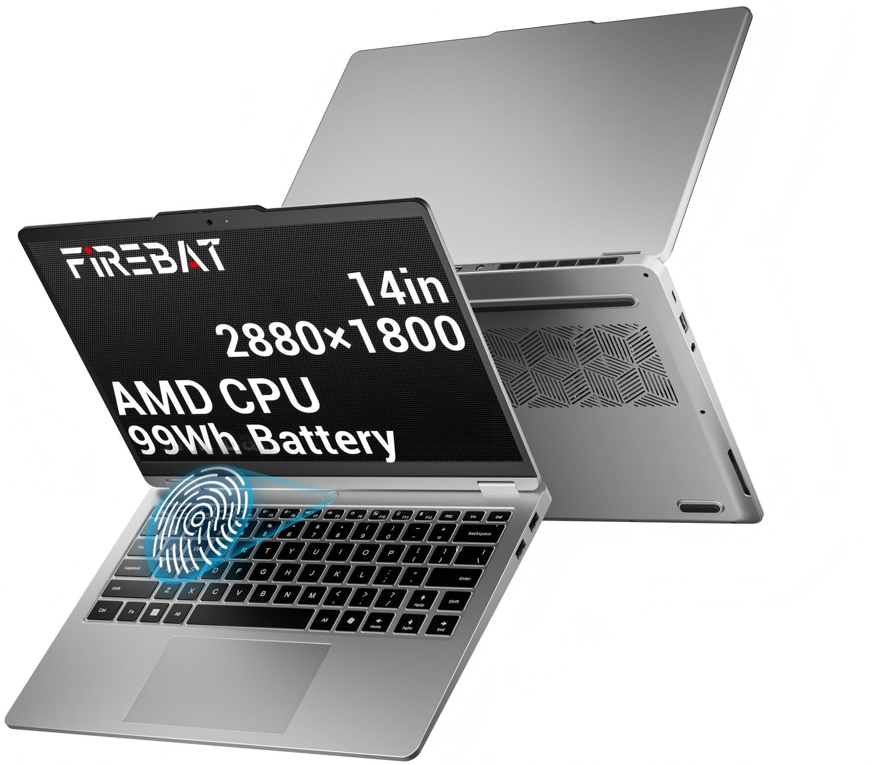 FIREBATラップトップコンピュータ、14インチ2880x1800 QHD+ディスプレイ、AMD Ryzen7 H255（8C/16T最大4.9GHz、70W TDP）、32GB LPDDR5X RAM、1TB PCIe 4.0 SSD（最大8TB拡張可