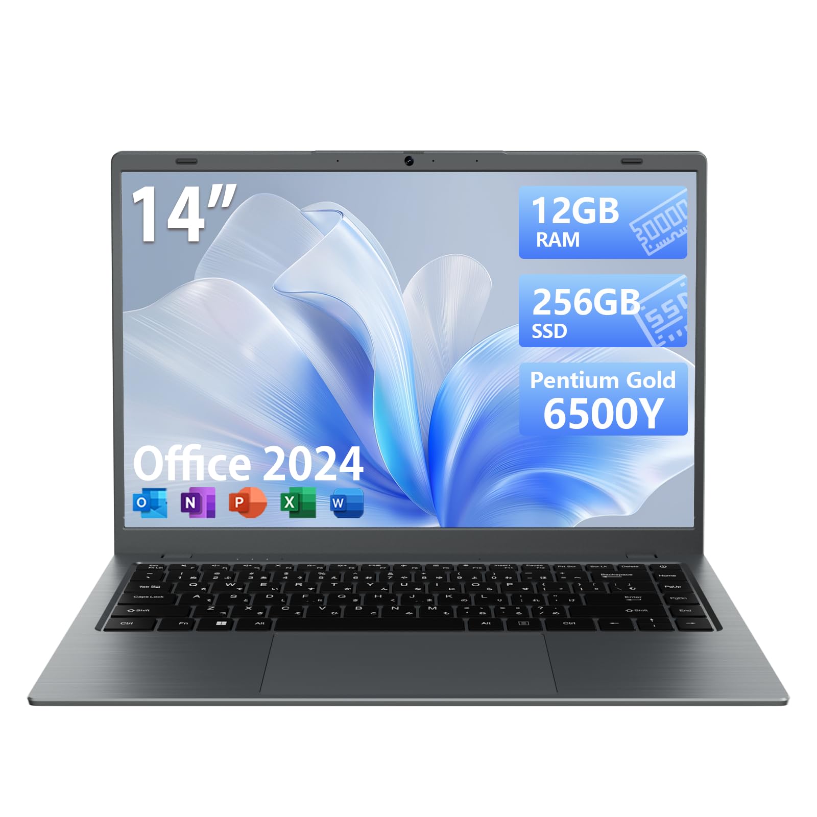 ノートパソコン 14インチIPS液晶 1920x1080FHDディスプレイ 超軽量 薄型ノートPC Office 2024搭載 日本語キーボード 6500Yプロセッサー 12GB RAM 256GB 大容量SSD Bluetooth5.0 Wi-Fi 5