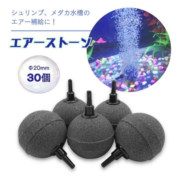 φ20 エアーストーン 30個 20mm 金魚・シュリンプ・メダカ エアー供給用 水槽 円形 球 水耕栽培 使いやすい形状♪エアーストーン アクアリウムで水槽内に空気を送る円形（丸）のエアストーンポンプセットです。エアストーンは均一で細かい泡を出し、水槽内に酸素を効率的に供給することができる石で、メダカや金魚、水草の成長をサポート、水中環境を健康に保ちます。水耕栽培にも使用でき、エアーポンプで植物の根に細かい泡状の酸素を送り込み、根腐れを防ぎ、植物の成長を促進します。内径4mmのソフトチューブ（エアーチューブ）で接続可能です。±1 mmくらいバラツキある場合があります。 5