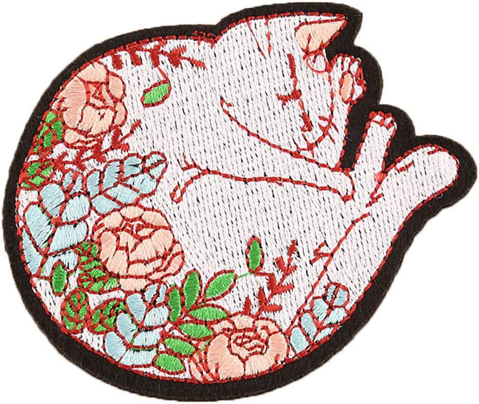 キャット シールワッペン ネコ シール アイロン接着 両用 (寝ている猫 花模様)