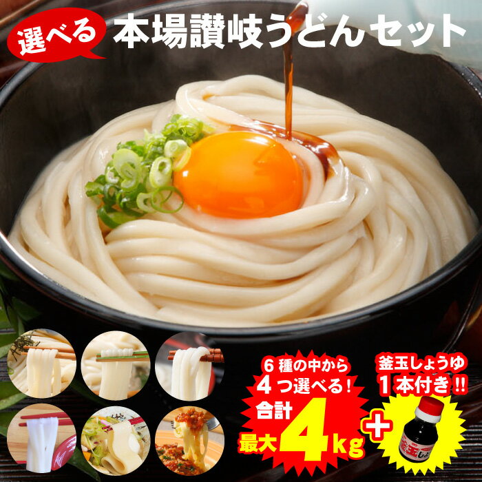 選べる本場讃岐うどんセット 最大4kg+釜玉しょうゆ100ml付き！送料無料 讃岐うどん セット うどん 並麺 太麺 細麺 平打ち麺 超平打ち麺 生パスタ 6種類の麺から4つ選べるお得なセット♪ 選べる 福袋 食品 ★