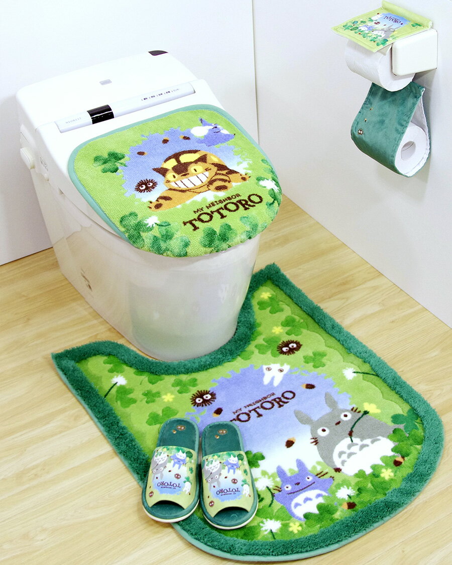 となりのトトロ トイレ あおぞらどんぐり 普通用・洗浄用兼用タイプ ふたカバー ロングトイレマット スリッパ ペーパーホルダーカバー 4点セット 2