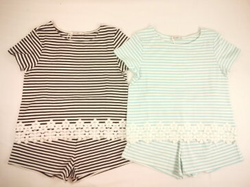 【セール】by LOVEiT(バイラビット)★裾まわりカットレースのボーダー柄Tシャツ&ショートパンツのセットアップスーツ