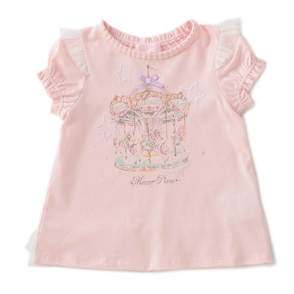 メゾピアノ mezzopiano メリーゴーランドプリントフリルTシャツ 半袖 ライトピンク 80 90cm 星