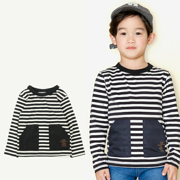 Rakuten - 半額処分 定価2090円税込 ディラッシュ DILASH 異素材ポケットつき長袖ボーダーTシャツ 80 90 100 110 120 130 140cm ブラック 黒