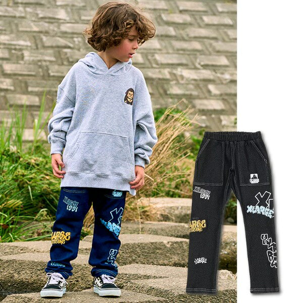 XLARGE KIDS エクストララージ キッズ 総柄グラフィックカットデニムテーパードパンツ 80 90 100 110 120 130 140cm ベビー キッズ