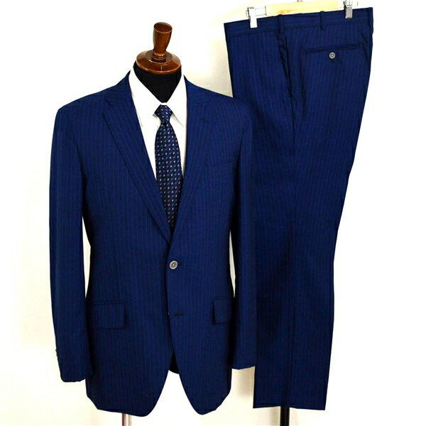 麻布テーラー 2つボタン シングルスーツ L A7 ダークネイビー ストライプ ノータック 開き見せ azabu tailor 夏物 春夏 薄手 6XA134 【送料無料】【中古】【メンズビジネス】202601