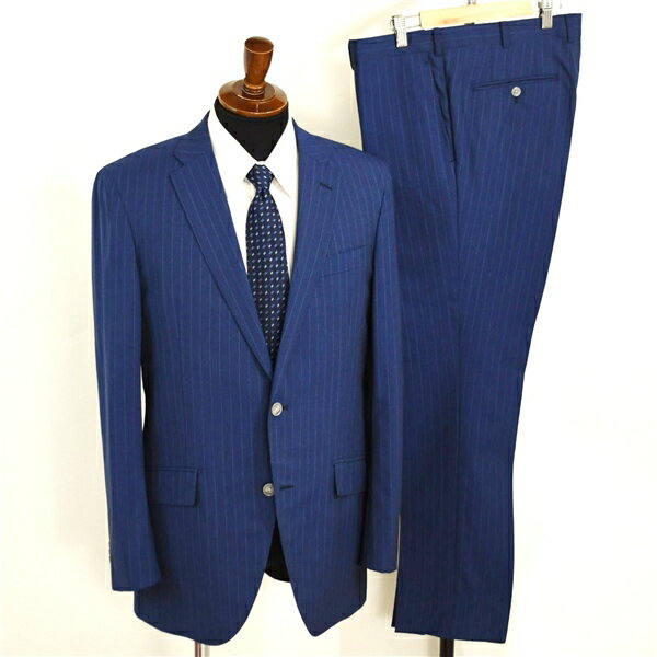 麻布テーラー 2つボタン シングルスーツ L A7 ダークネイビー ストライプ ノータック 開き見せ azabu tailor 夏物 春夏 薄手 6XA135 【送料無料】【中古】【メンズビジネス】202601