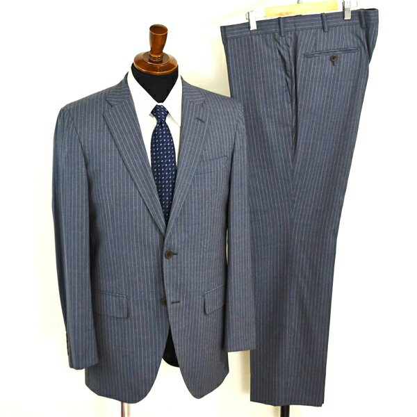 美品 麻布テーラー 2つボタン シングルスーツ L A7 ライトグレー ストライプ ノータック 開き見せ azabu tailor 夏物 春夏 薄手 6XA140 【送料無料】【中古】【メンズビジネス】202601