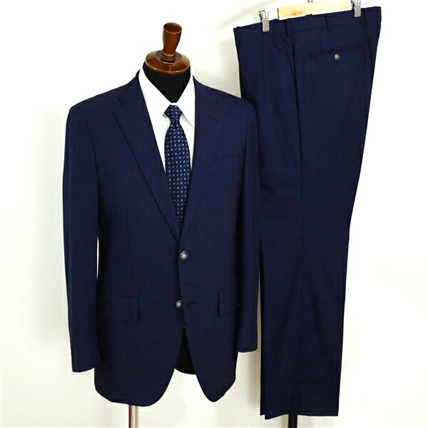 麻布テーラー 2つボタン シングルスーツ L A7 ダークネイビー ストライプ ノータック 開き見せ azabu tailor 夏物 春夏 薄手 6XA142 【送料無料】【中古】【メンズビジネス】202601