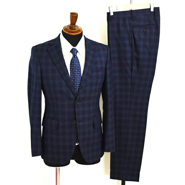美品 コムサイズム 2つボタン シングルスーツ S YA3 ダークネイビー チェック ノータック 袖口4つ釦 開き見せ 47-01SA17 合物 春秋 6XA..