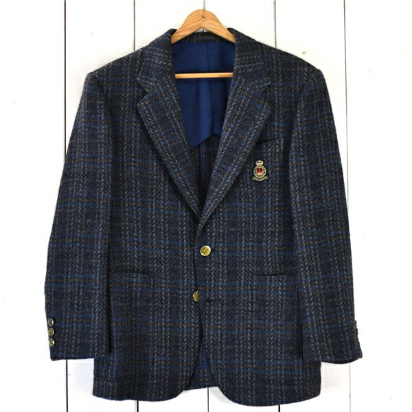 Pret a Porter HIGH FASHION ワッペン付 2つボタン シングル ジャケット S ダークネイビーベース オーバーチェック 袖口3つ釦 / 6TC075 202603