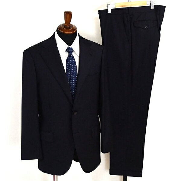 美品 ユニバーサルランゲージ 段返り 3つボタン シングルスーツ M AB6 ダークネイビー ストライプ ノー..