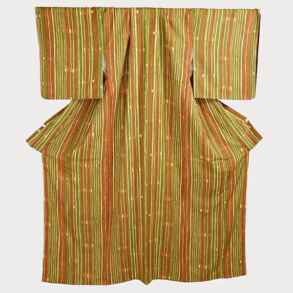 Full-Length Under-Kimono - 着物 正絹 女性 染 小紋 袷きもの 地柄入り生地 黄色 赤 緑 黄土色 縞 身丈162cm 絹100％ 普段着 お稽古 着付け 観劇 和装 5XK032 【送料無料】【中古】【レディース】202511