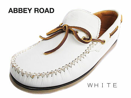 難あり・展示品・箱無し・返品・交換不可【ABBEY ROAD ab7522】WHITE ホワイト本革 リボン付き デッキシューズ　ドライビングシューズ メンズ カジュアルシューズ