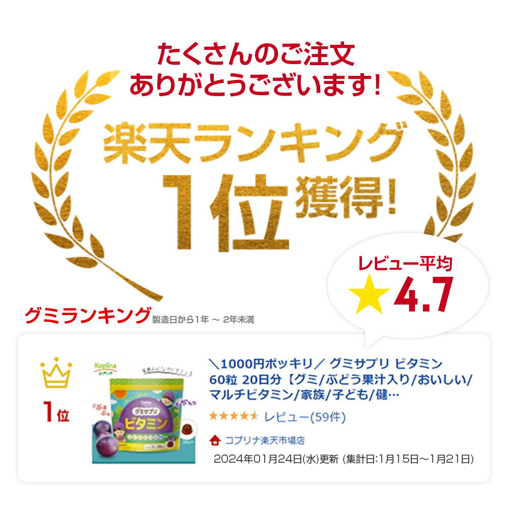 ＼1000円ポッキリ／ グミサプリ ビタミン 60粒 20日分【グミ/ぶどう果汁入り/おいしい/マルチビタミン/家族/子ども/健康/サプリ/サプリメント/栄養補助食品/安心国内製造/コプリナ】 3