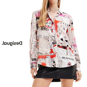 セール SALE 30%OFF デシグアル DESIGUAL レディースファッション シャツ ブラウス 長袖 レギュラーカラー カジュアル ニュースペーパープリント 新聞紙柄 プリント おしゃれ インポート 30代/40代/50代 M/L/XL