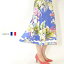 【フランス製】ボタニカルプリントのミモレ丈スカート 夏服 ミセスファッション 50代 60代 カジュアル ボトム ひざ下 花柄 ブルー ギフト対応 プレゼント【送料無料】