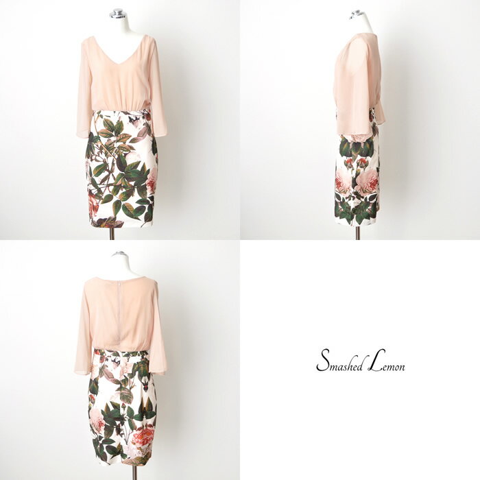 Smashed Lemon スマッシュレモン ワンピース シフォン 花柄 ドッキングワンピ 七分袖 海外 インポート おしゃれ ミセス レディース 婦人服 お洒落 40代 50代【送料無料】