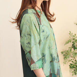 セール SALE 30%OFF VINTAGE GAVI DI CAVI トップス カジュアルブラウス コットン100 綿100 プリント柄 5分袖 半袖 夏物 レディースファッション ミセスファッション おしゃれ 高級 40代 50代 ベージュ/ブルー/ネイビー MLサイズ フリーサイズ