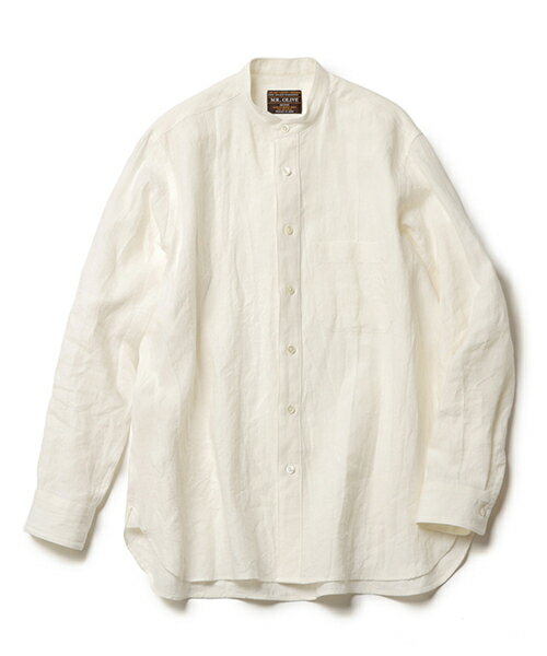 Regular Collar - MR.OLIVE / FRENCH LINEN CLOTH / BAND COLLAR L/S SHIRT ミスターオリーブ/フレンチリネンクロス/バンドカラー ロングスリーブシャツMROLIVE ポケット ノーカラー レギュラーシャツ スタンダードシャツ ミリタリー ワーク ユニセックス