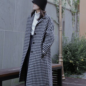 [ウール100%] ハウンドチェック ロングコート【koreabibali】【コリアビバリ】韓国 Wool Over Coat レディース アウター コート ロング丈 長袖 ウールコート オーバーサイズ ゆったり送料無料