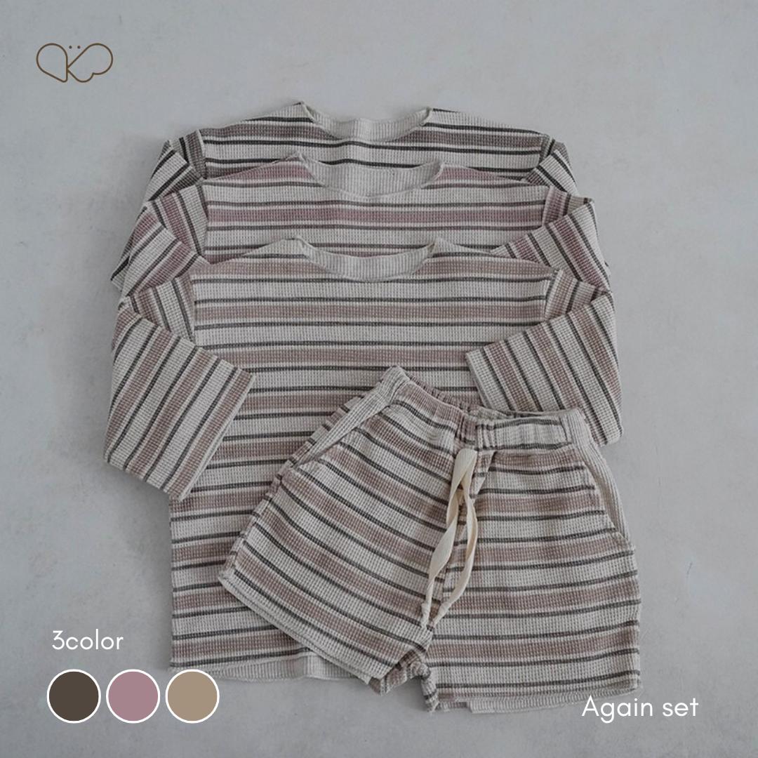【再販!!】Again set kids 春服　秋服　ゆったり　リンクコーデ　ルームウェア　韓国子供服 セットアップ ボーダー　保育園着　兄弟　お揃い　お祝い　男の子服