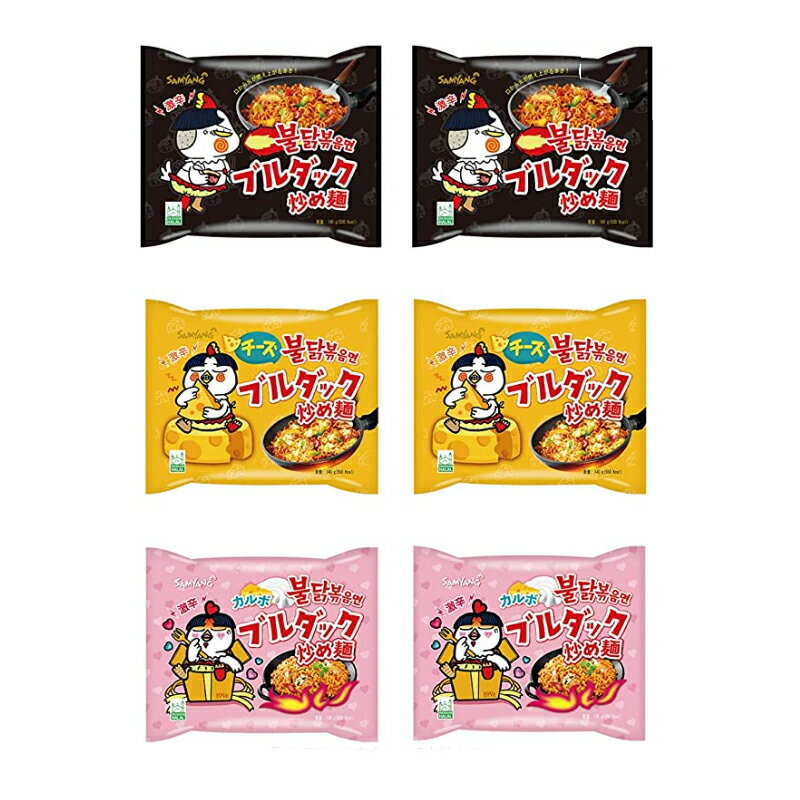 ブルダック炒め麺 人気6食セット 安心の日本語パッケージ | プルタック炒め麺 2食 チーズプルダック炒め麺 2食 カルボブルダッグ炒め麺 2食 | 韓国ラーメン プルダックポックンミョンのサムネイル