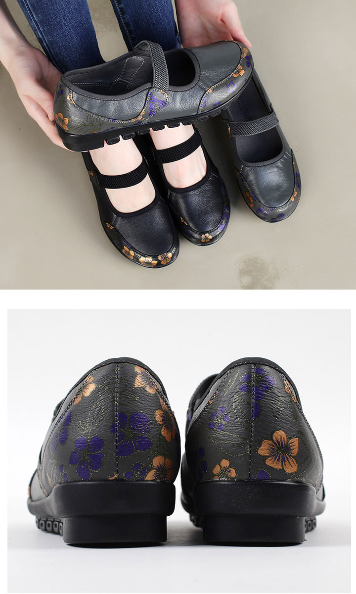 【ポイント5倍】2色メリージェーンシューズ レディース シューズ 花柄 スリッポン メリージェーン シューズ レディース スリッポン 花柄 ローカットシューズ グレー スリッポン レディース フラットシューズ 本革 ローカット シューズ 花柄 スリッポン ローヒール VOCE 2