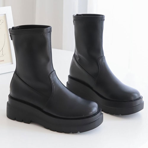 2タイプ厚底ブーツ レディース シューズ 厚底 ブーツ バックジップ ショートブーツ 無地 シューズ レデ..