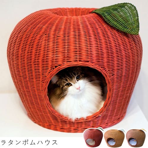 【送料無料】ラタンポムハウス／オールハンドメイド 天然素材ベッド キャットベッド キャット キャットハウス 籐 トウ ラタン ベッド ネコ 小型クッション おしゃれ かわいい キャリー