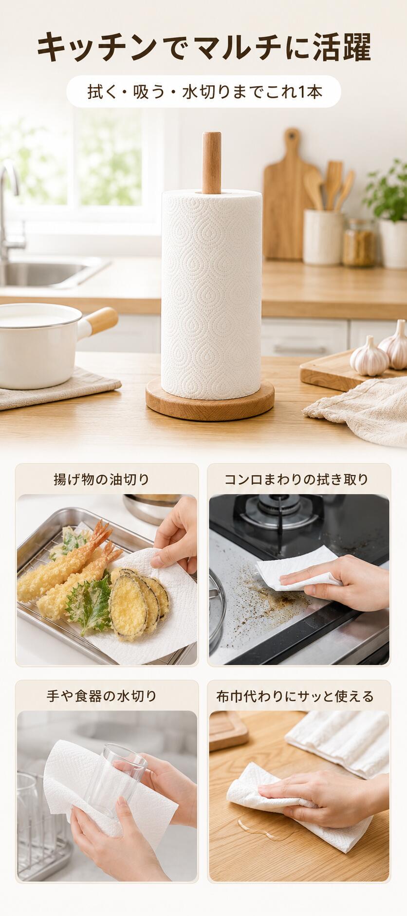 キッチンペーパー キチンタオル 激吸収 2ロール 4ロール 6ロール 吸水 厚手タイプ ペーパータオル ロールタオル 紙タオル キチンクロス 手拭きペーパー まとめ買い 備蓄 大容量 台所 ふきん 業務用 使い捨て 調理 超吸収 korina-10019064 ailes サンプル画像3