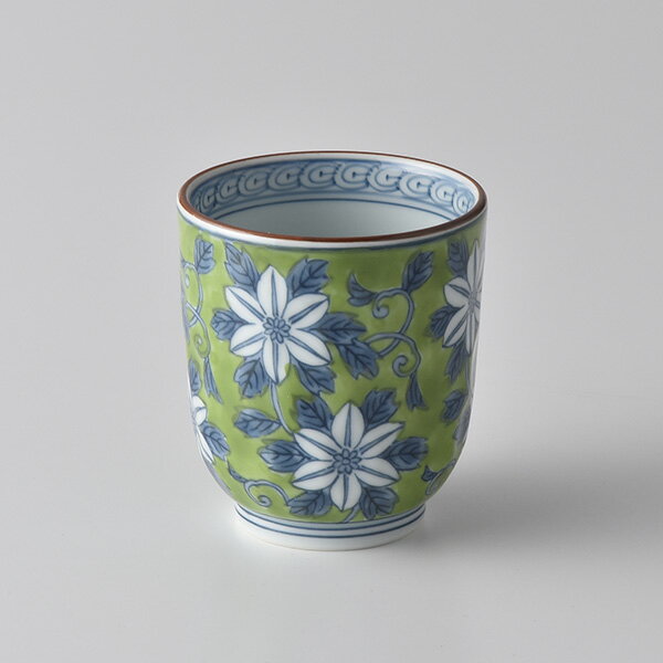 染錦鉄仙花（大）総濃 亀甲彫コップ 波佐見焼 洸琳窯 染錦 緑色 手書き 花柄