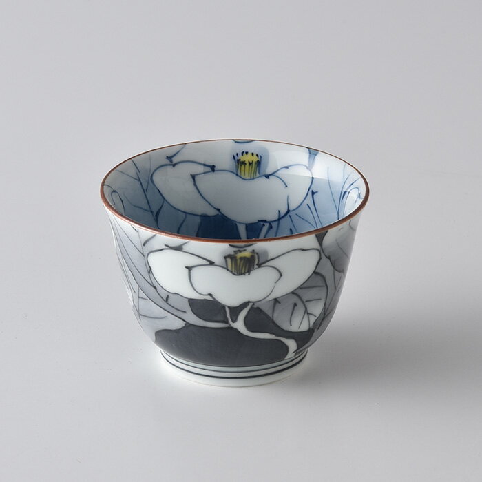 色分山茶花 仙茶 8cm 手書き 波佐見焼 洸琳窯 湯呑み お茶 染付