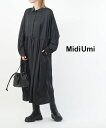 【6/22 20時からポイント10倍】ミディウミ Midi-Umi ワンピース ドレス ブラック 無地 長袖 ロング丈 体型カバー サテン 前開き ラウンドカラ...