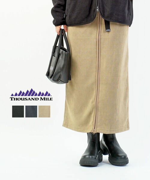 【ブラックフライデー期間ポイント10倍】【2025年秋冬新作】サウザンドマイル THOUSAND MILE ロングスカート スカート フリース 裏起毛 フロントジップ 暖かい ウエストゴム ・TM252KF00202-3882502(レディース)