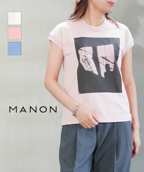 Rakuten - 【4/30〜5/1は10%クーポン&ポイント10倍】マノン MANON Tシャツ カットソー ノースリーブ プリントTシャツ クルーネック フレンチスリーブ コットン プリント・MNN-C-165-4902501(メール便可能商品)[M便 5/5](レディース)