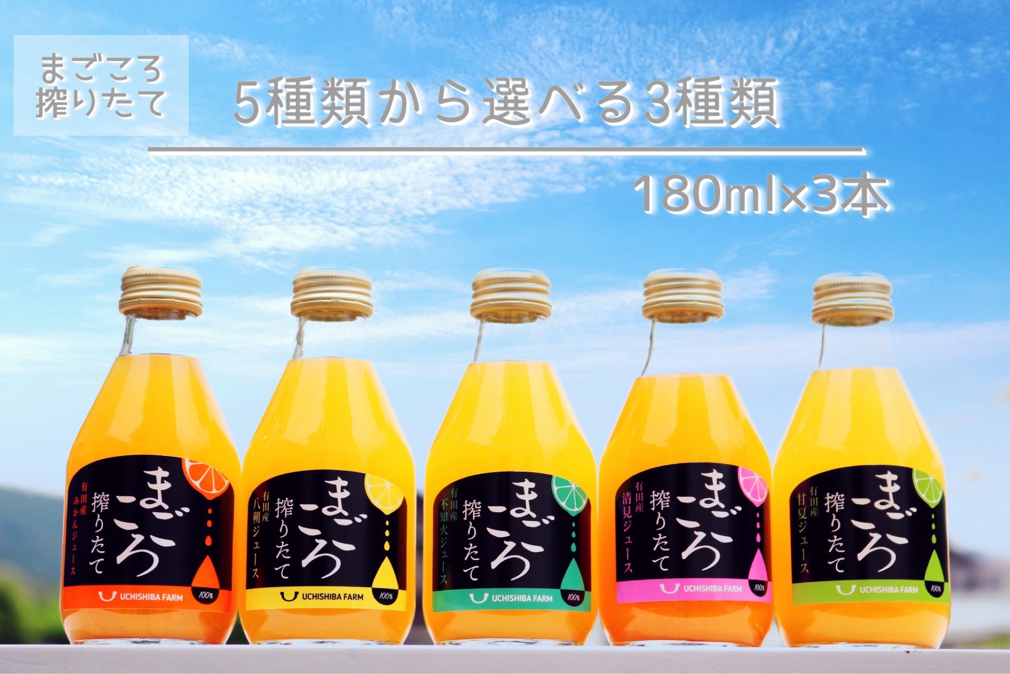 【まごころ搾りたて】有田みかん100％ジュース　5種類から選べる3種類 180ml 3本　化粧箱　ギフト　プレゼント　ビタミン　ドリンク　贈り物　こども　おうち時間　父の日　母の日　こどもの日　お歳暮　お中元　御供　ビン　ミカン　清見　不知火　甘夏　八朔