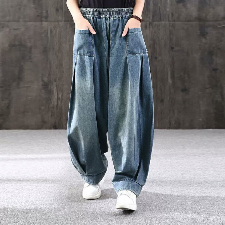 Rakuten - ジーンズ オーバーサイズ デニムパンツ サルエルパンツ デニム ロングパンツ ジーンズ 色落ち加工 サルエル ゆるパンツ ウォッシュ ヴィンテージ カジュアル 体型カバー 送料無料