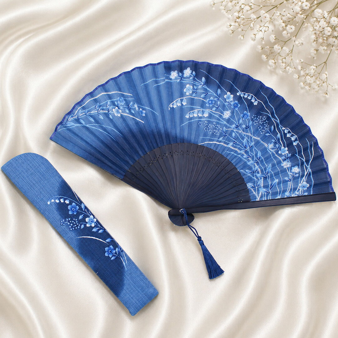Rakuten - 舞扇堂扇子セット「藍乃町/桔梗 鈴蘭」綿扇子 上品 女性 婦人 きれい 花柄 扇子袋 差し袋 舞扇堂