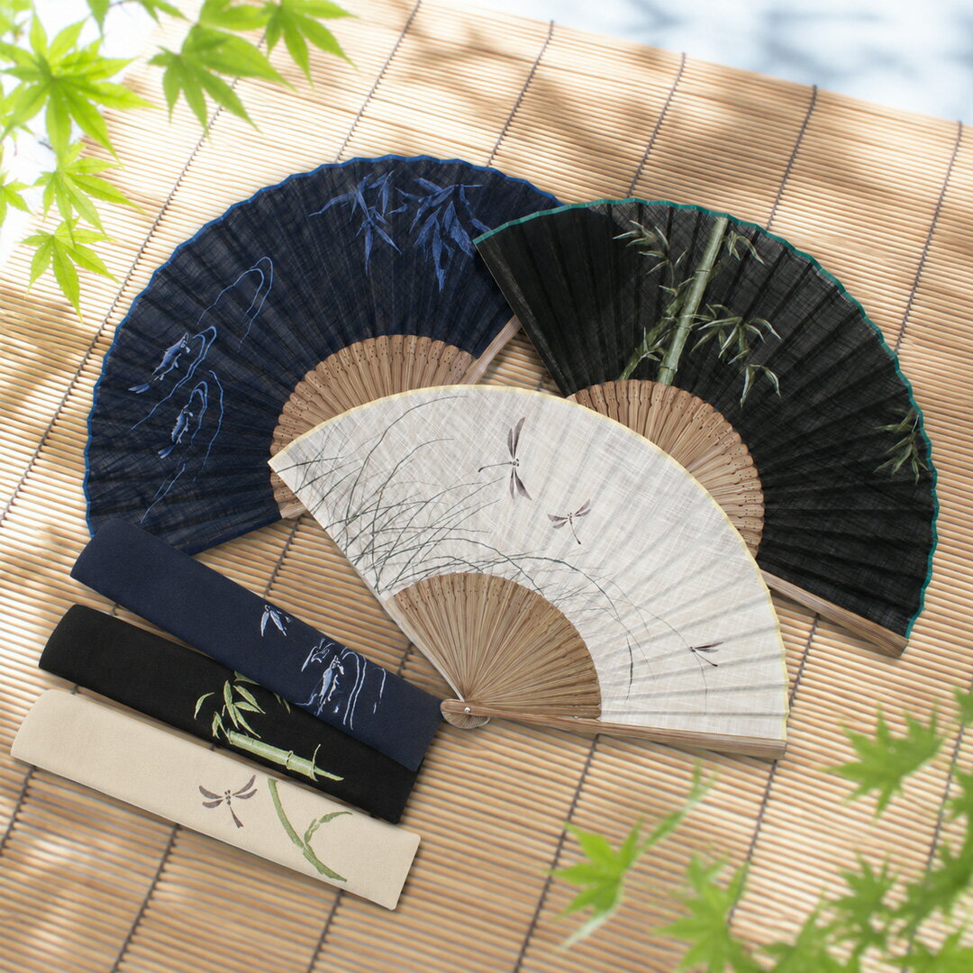 Rakuten - 舞扇堂扇子セット「満悦/蜻蛉・笹鮎・竹笹」 布扇子 シンプル 古典柄 男性 扇子袋 差し袋 紙箱 舞扇堂