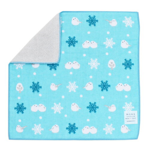 【4枚以上で送料無料】セミウォッシュ「シマエナガと雪」 小紋柄 濱文様 ガーゼ ハンカチ タオル 贈り物 可愛い プチギフト 捺染 ケイス 日本製