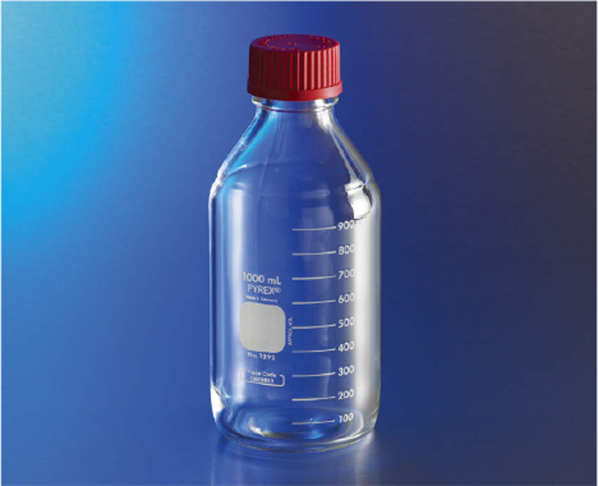 PYREX 広口メジューム瓶 赤耐熱キャップ付 500ml