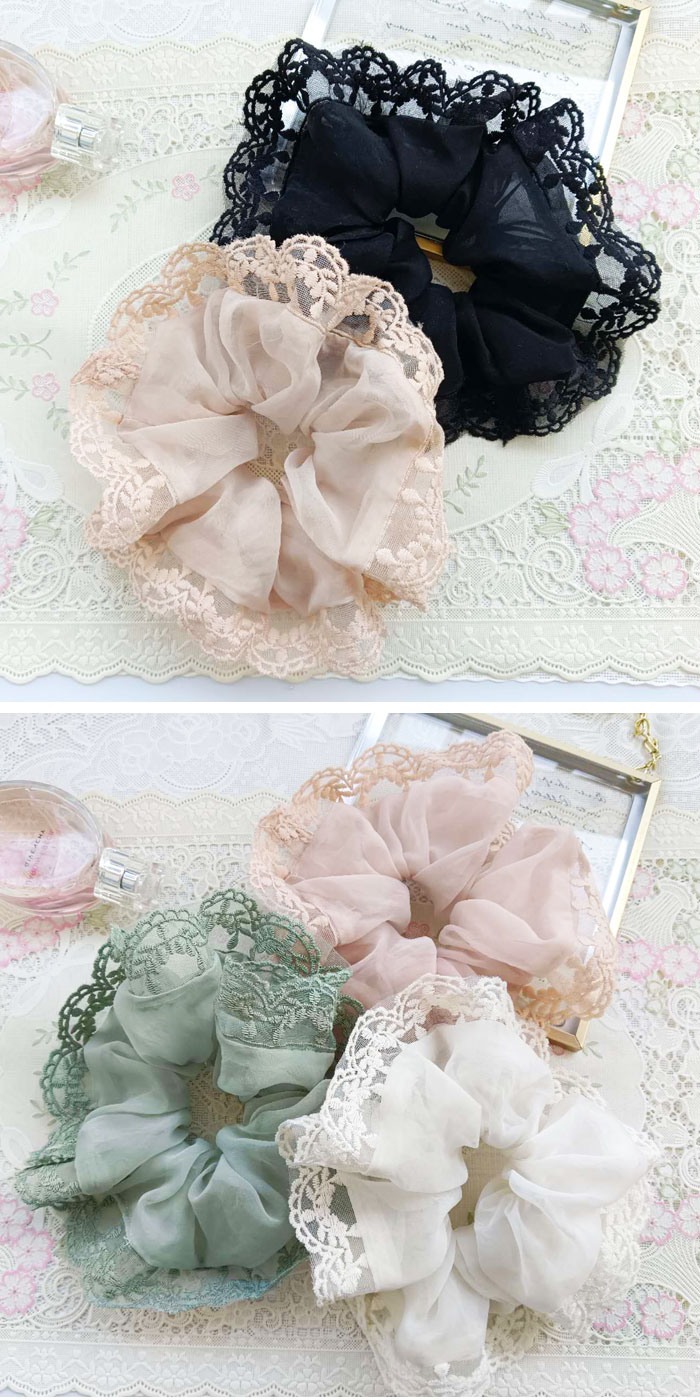 シュシュ5個セット★送料無料★大きい 直径約18cm 刺繍レース オーガンジー無地シュ...