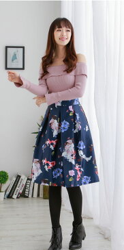 ★決算セール★2色花柄スカートAライン フラワースカート 膝丈スカート パーティスカート ミモレ丈スカート ひざ丈 フレアスカート パーティー 白ネイビー 春秋 美フレアスカート 可愛い光沢感サテンスカート卒業式 入学式 入園式 卒園式