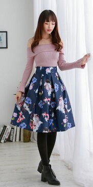★決算セール★2色花柄スカートAライン フラワースカート 膝丈スカート パーティスカート ミモレ丈スカート ひざ丈 フレアスカート パーティー 白ネイビー 春秋 美フレアスカート 可愛い光沢感サテンスカート卒業式 入学式 入園式 卒園式