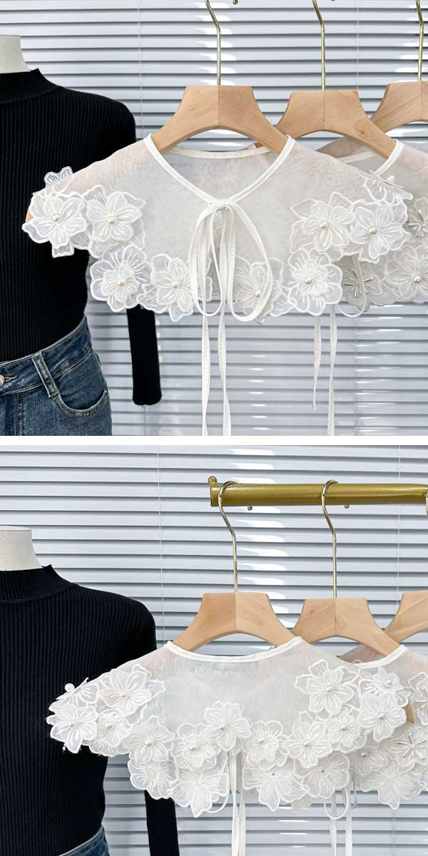 ★送料無料★刺繍オーガンジーレースつけ襟 立体花柄レース襟 付け衿 付け襟 肩かけ つけえり 付け外し レディース襟 肩掛け マフラー 偽襟 白 こなれ感 おしゃれ かわいい お洒落 春夏秋冬 レース襟 キッズ 大人 女の子 発表会 結婚式 子供 ドレス ワンピース